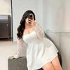 Women Elegant Long Sleeve Square Neck Solid Color Lace Patchwork A Line Casual Vacation Dress