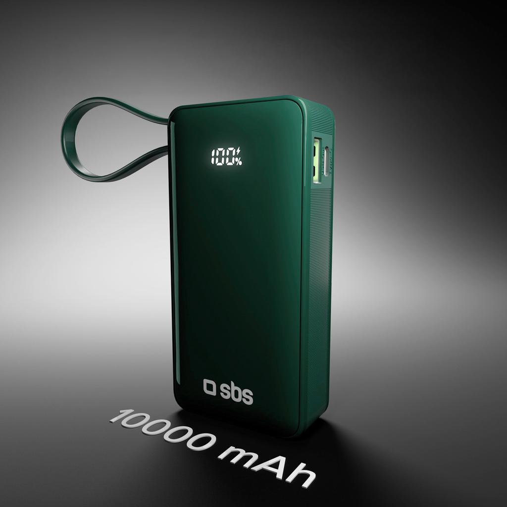Powerbank 10000mAh USB-A USB-C with built-in display and 20W USB-C cable - green