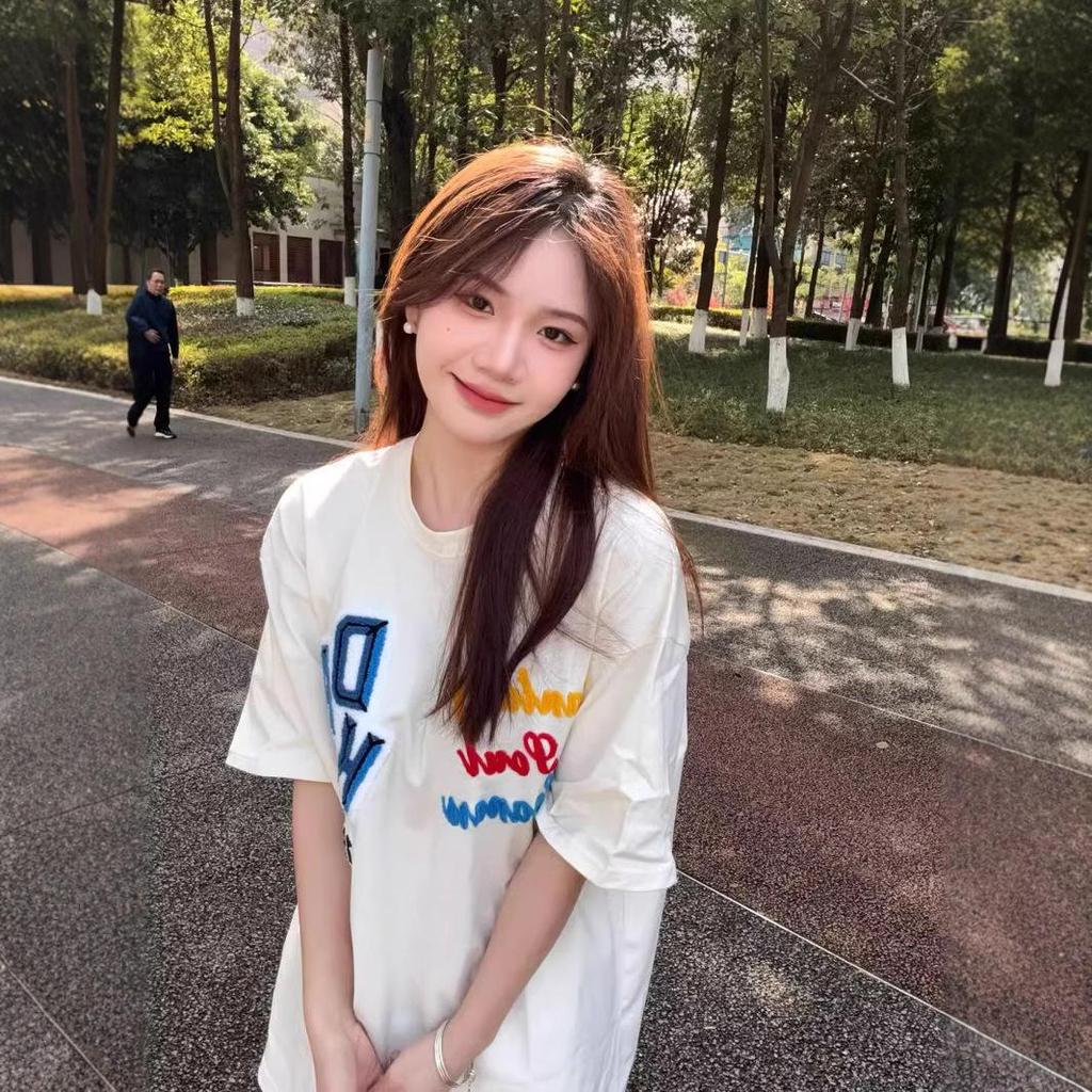 Women's Embroidered Crew Neck Cotton T-shirt - Summer 2025 Casual Loose Fit