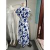Nuevo Vestido Largo Estampado de Verano con Cuello en V y Manga Corta con Lazo para Mujer Cintura Ajustada