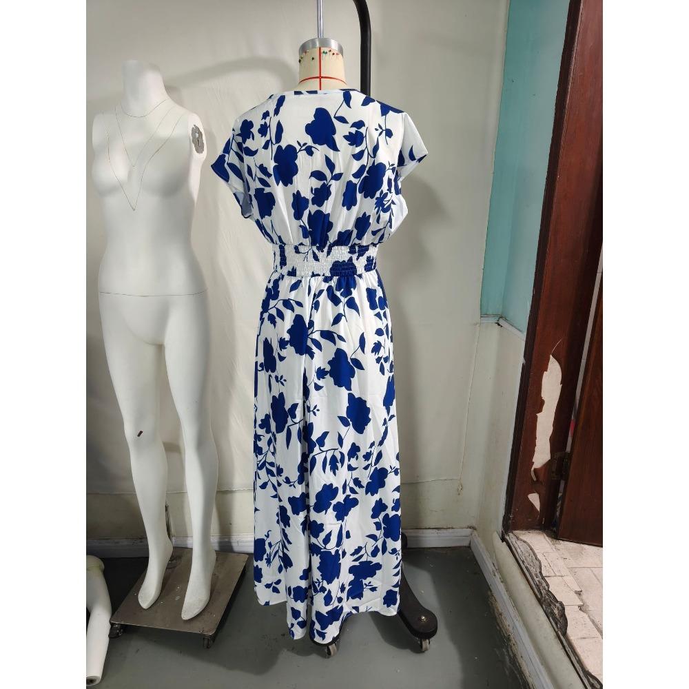 Nuevo Vestido Largo Estampado de Verano con Cuello en V y Manga Corta con Lazo para Mujer Cintura Ajustada