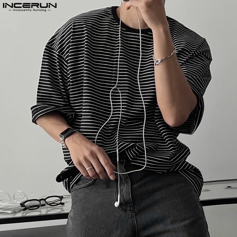 INCERUN Oversized Men O Neck Short Sleeve Striped Casual T-shirts