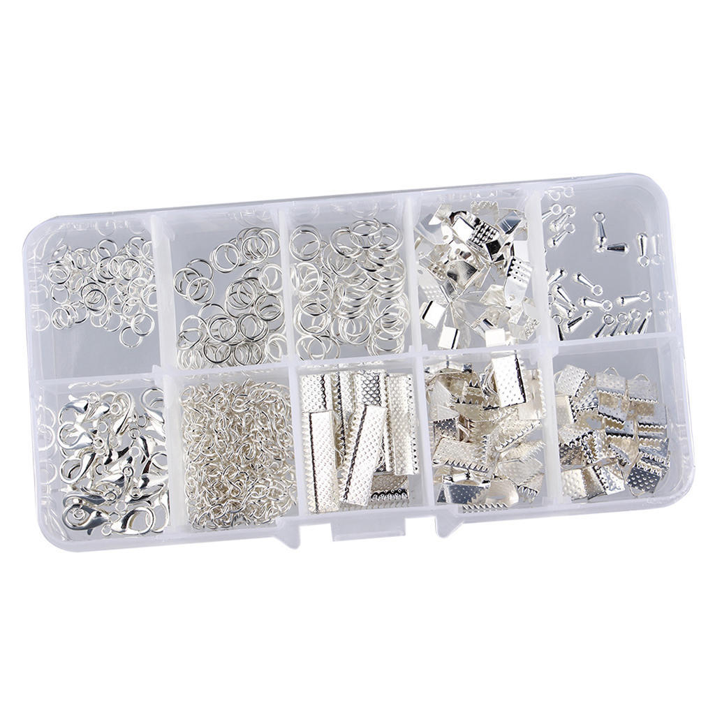Cord Ends Lobster Claw Clasps Jump Rings Extension Chains Jewelry Findings Kit - Silver, 5MM