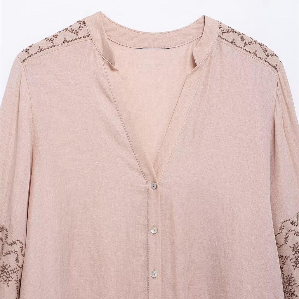 2025 Spring Women's V-Neck Embroidered Casual Shirt with Button Decor