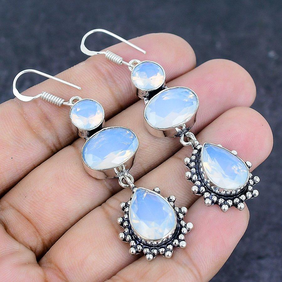 Natural Milky Opal Gemstone Handmade 925 Sterling Silver Earring 2.56" h5K99