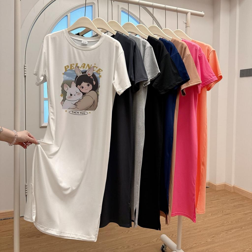 Weit geschnittenes Damen-T-Shirt-Kleid mit Rundhalsausschnitt und kurzen Ärmeln in großer Größe, langes lässiges Kleid, knielanges Nachthemd