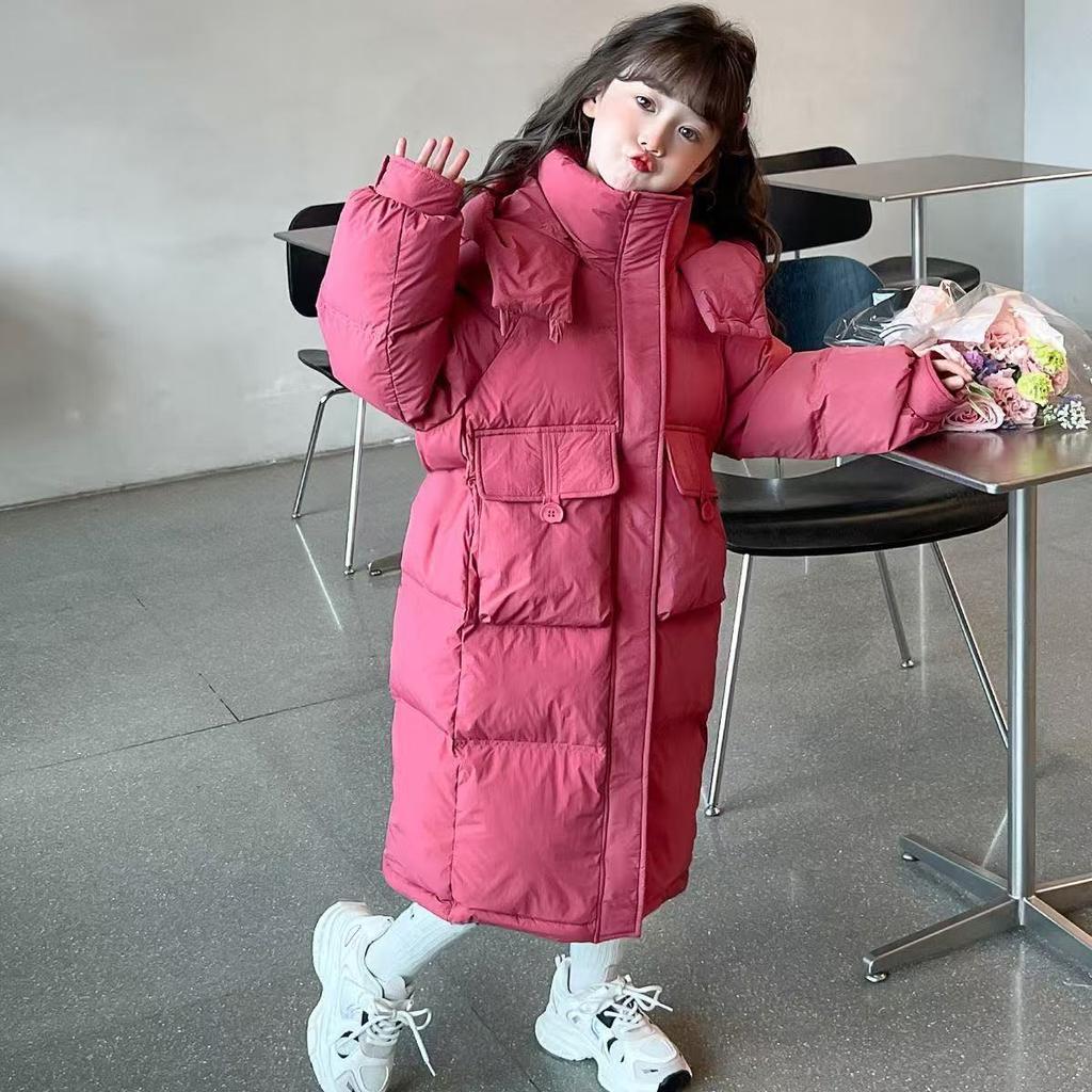 Girls Long Down Cotton Coat Over Knee Baby Winter Cotton Coat Fashionable Hooded Cotton Jacket