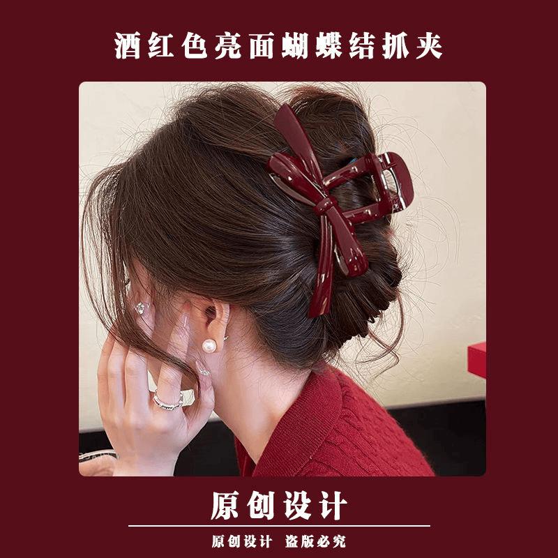 Angola Red Bow Hair Claw Elegant Women Back Head Shark Clip Fashion Autumn Winter Hair Accessories