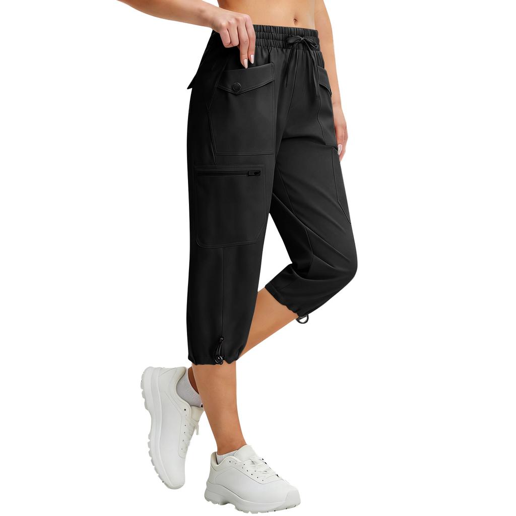 Damskie Elastyczne Spodnie 3/4 z Wysokim Stanem Swobodny Krój Szerokie Capris Spodnie z Kieszeniami