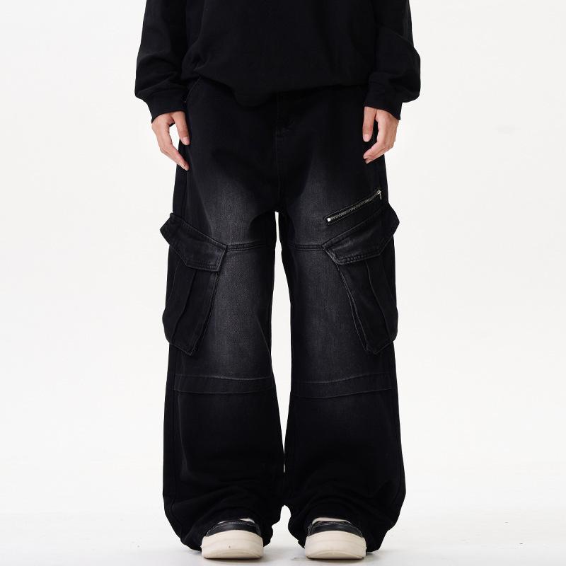 American Street Hip-hop Jeans Men's Multi-pocket Design Washable Zipper Wide-leg Pants