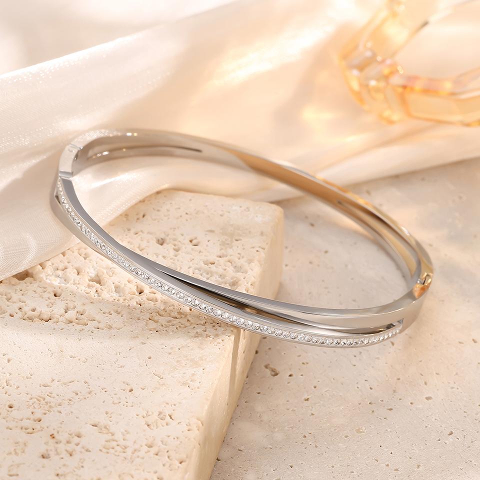 Htpwe Stainless Steel Zirconium Cross Double Layer Bracelet Women's Plated 18k Gold Couple Holiday Gift Bracelet Party Zircon