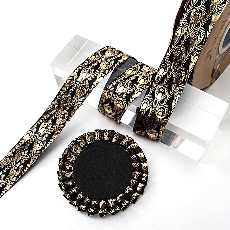 10 meter/rull påfuglfjærtrykt bånd Webbing silkebånd fjær gullbelagt bånd laserbånd 2,5x914cm
