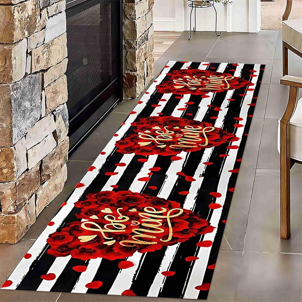 VIKAMA Valentine's Day Runner Rug Romantic Heart-Patterned Corridor Mat Kitchen Floor Mat Bedroom Non-Slip Rug Home Decor