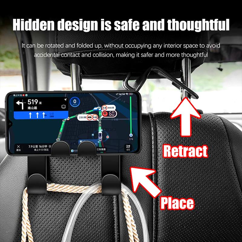 4pcs Multifunctional Car Seat Back Hook Double Head Phone Hanger Headrest Hanging Bag Storage Hanger Car Interior Accessories