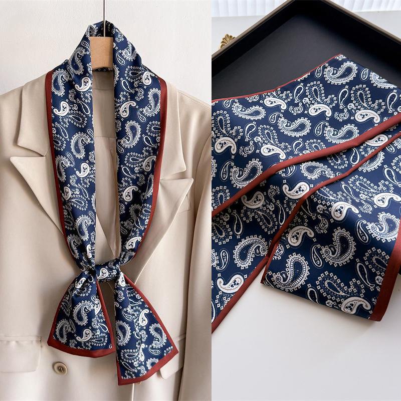 Women Silk Feel Printed Design Scarf Shawl Luxury Long Narrow Small Silk Scarves Ladies Headband Headscarve