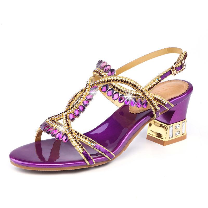Mode Vasaras Sieviešu Mode Atvērts purngals Mirdzošs Rhinestone Sprādze Biezas Augstpapēžu Sandales Rhinestone Gladiator Kāzu kleitas Kurpes