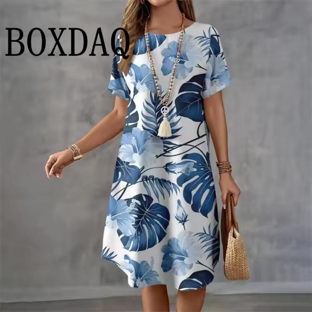 

Summer Holiday Hawaiian Dress For Women 2026 New Ladies O-Neck Short Sleeve Loose Dress Casual Coconut Tree Print Beach Dresses S
