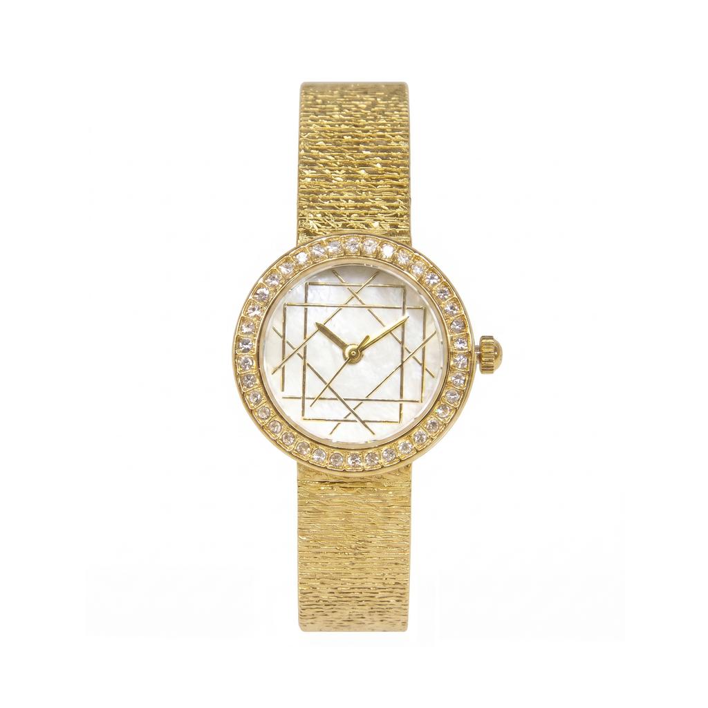 Round Quartz Watch For Women Rhinestone Bezel Geometric Line Dial Textured Mesh Strap Elegant Daily Waterproof Wristwatch