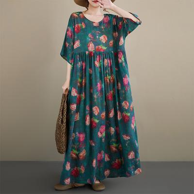 DIMANAF Neu 2026 Sommer Strand Damen Übergröße Vintage Dame Langes Kleid Locker Übergröße Maxi Druck Baumwolle