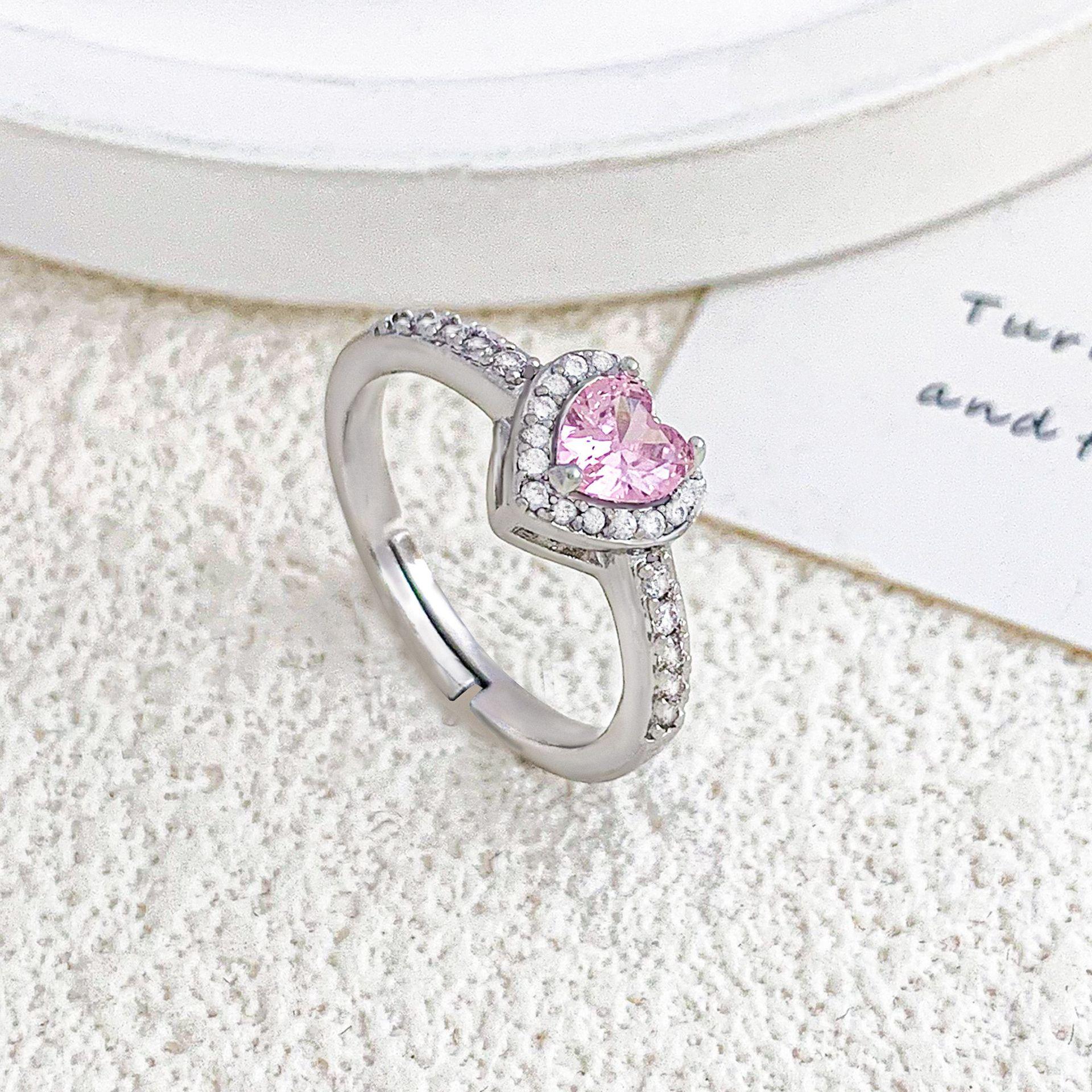 

Silver Color Sweet Pink Zircon Love Heart Pendant Necklace Earrings Ring for Women Girls Stainless Steel Chain Jewelry Set Gifts