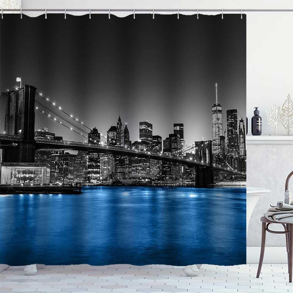 Namdeva Cityscape Shower Curtain, NYC Night View Blue East River Brooklyn Bridge Black and White Skyscraper Skyline Famous Building Modern Bathroom