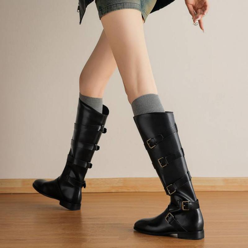 New Women's Martin Boots Stacked Leather Versatile Large Size Women's Boots Sleeve Round Head Cowhide Comfortable Soft-soled High Boots