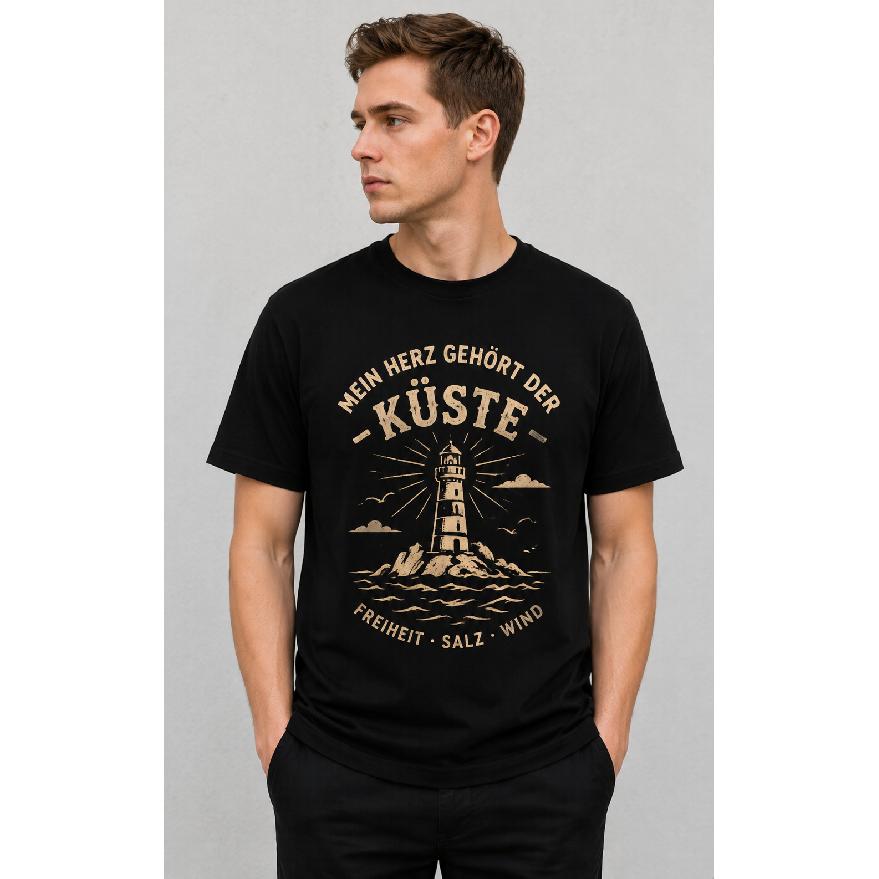 Men's black short-sleeve t-shirt with vintage lighthouse graphic, crew neck, soft cotton feel, coastal German text design for casual seaside style