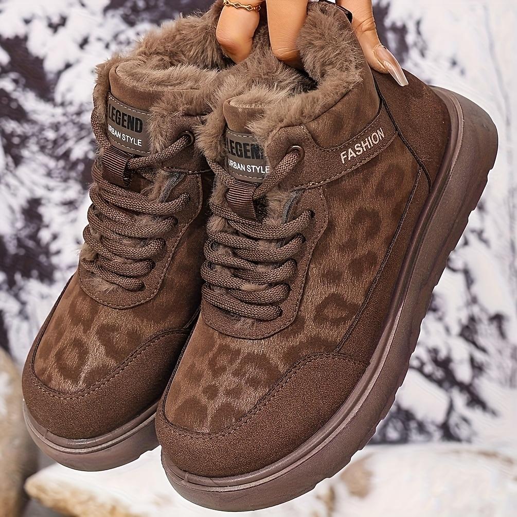 Damen Winterstiefel mit dicker Sohle, warm, bequem, weich gefüttert, Loafer, Leopardenmuster, Hausschuhe, Plüsch-Knöchelboots 37 kaffeebraun