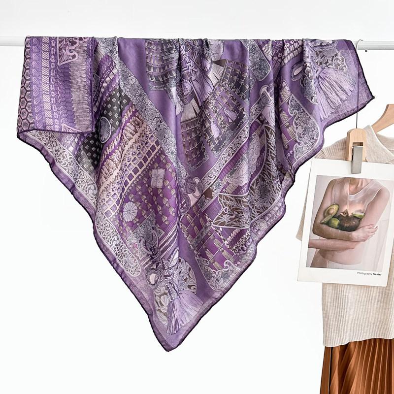Autumn and Winter Velvet Purple Japanese Samurai 91 Large Square Scarf Women's Fashion Vacation Beach Silk Headscarf Shawl Thermal Scarf