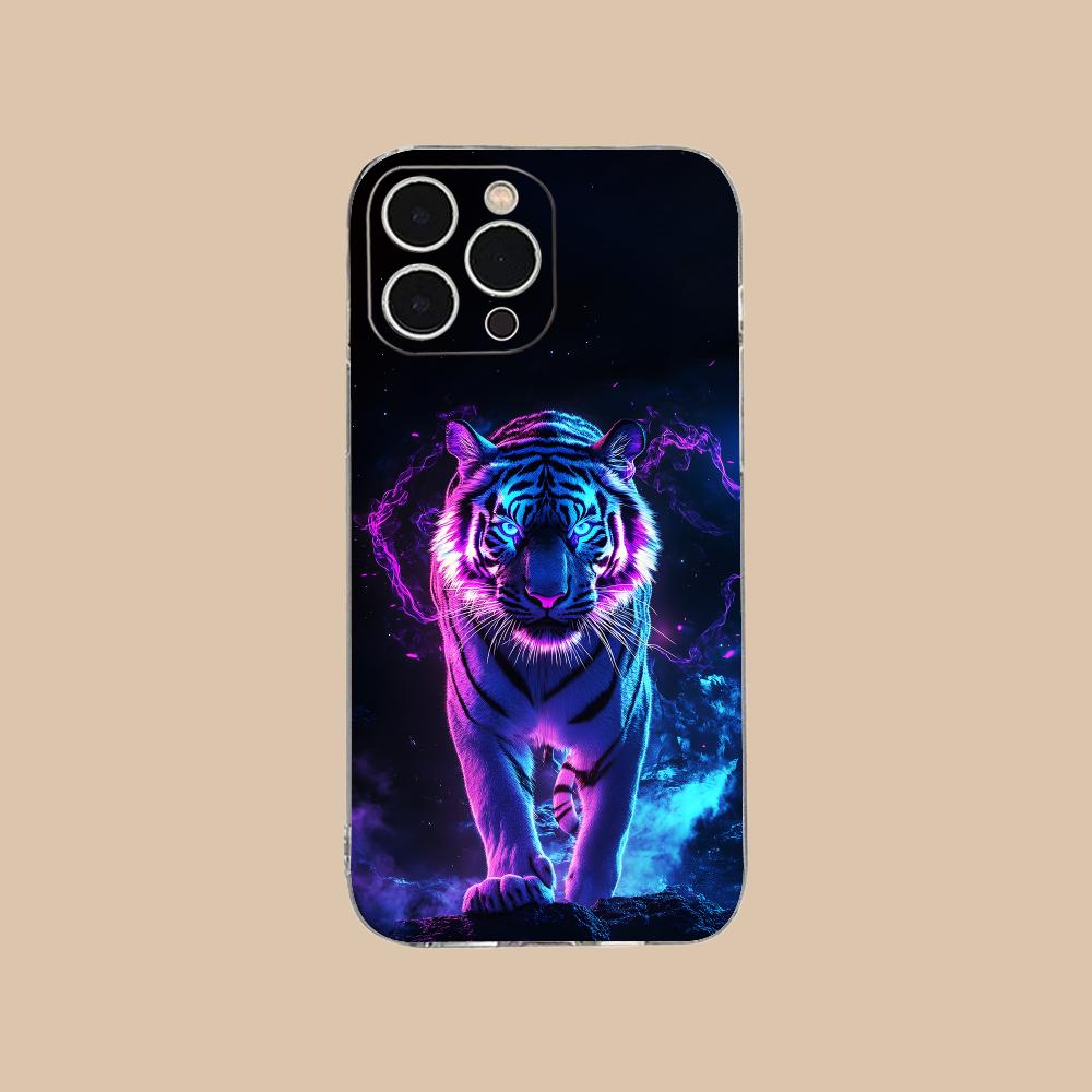 Tiger Neon Mobile Cell Phone Case for iPhone 17 16 15 14 13 12 11 X XR XS Air Pro Max Plus Mini Clear Colorful Cover Cover