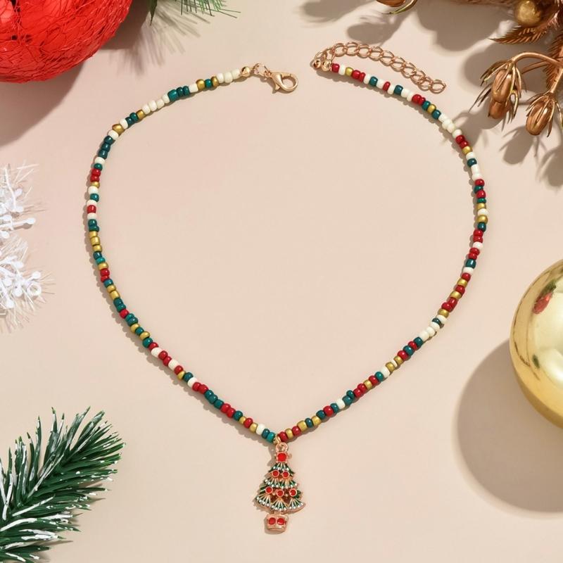 Rice Beads Christmas Tree Necklace Handmade Christmas Necklace for Women Colorful Beads and Festive Ornament Charm