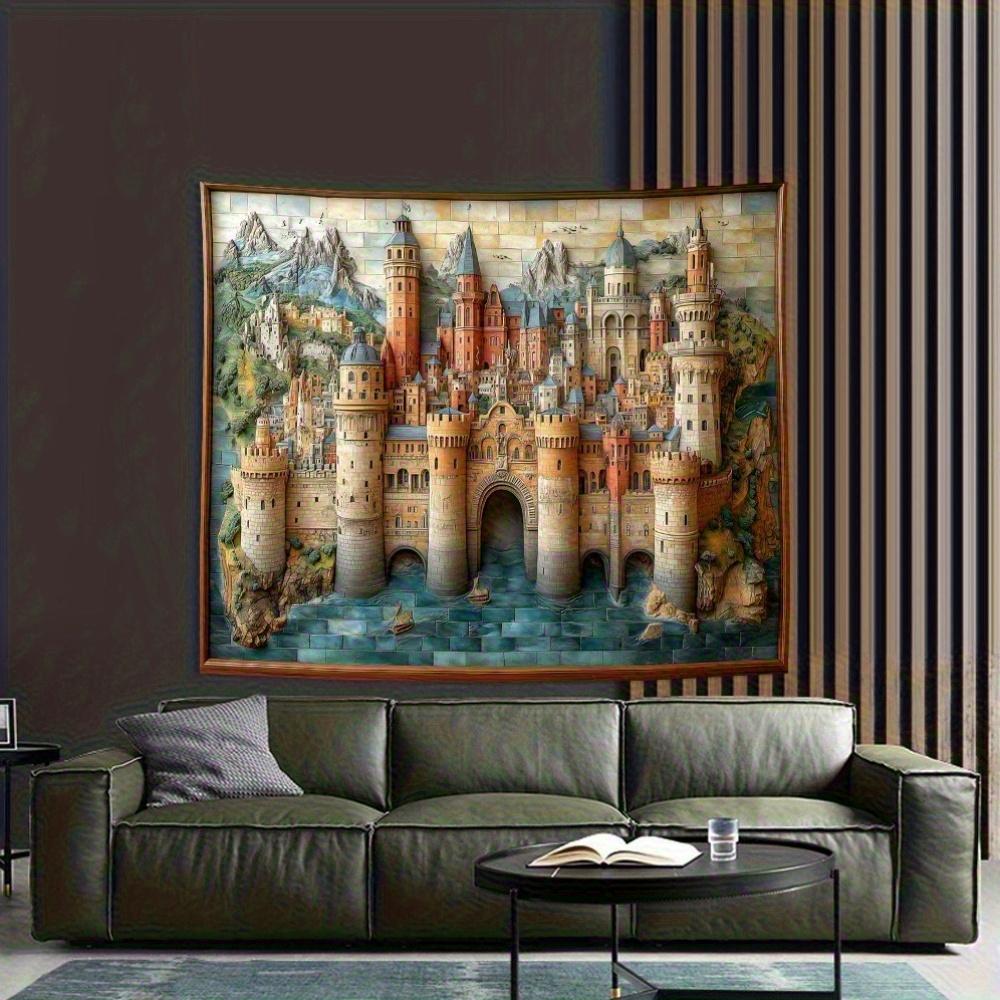 1pc Vintage Polyester 2D Castle Tapestry Wall Hanging Decor Montevideo Medieval Castle Design Universal for Living Room Bedro
