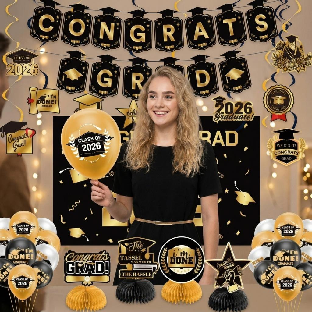 Graduation Decorations Blue Themed Set - Congrats Grad Banner, Class Of 2026 , Balloons & Streamers Kit - Complete Party Supplies For High School &