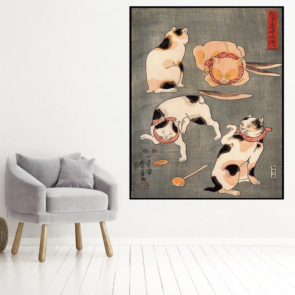Utagawa Kuniyoshi Cat Olejomalba s různými pozicemi Plakát se zvířaty Retro nástěnná malba Domácí dekorace