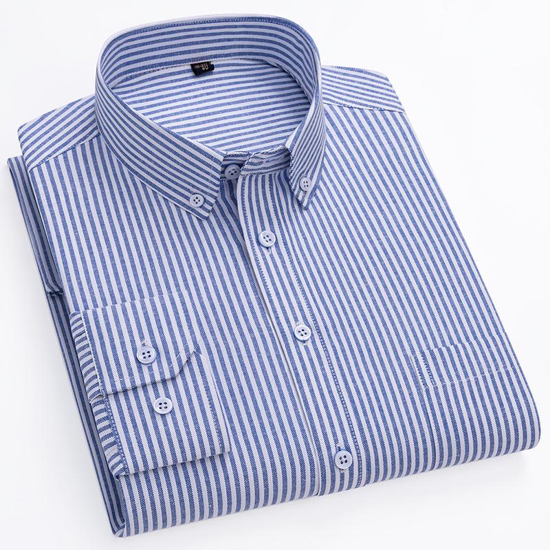 New Cotton Oxford Shirts Men's Long Sleeves Stripe Thin Soft Regular Fit Formal Dress Shirt Pocket Social Blouse Male Clothing