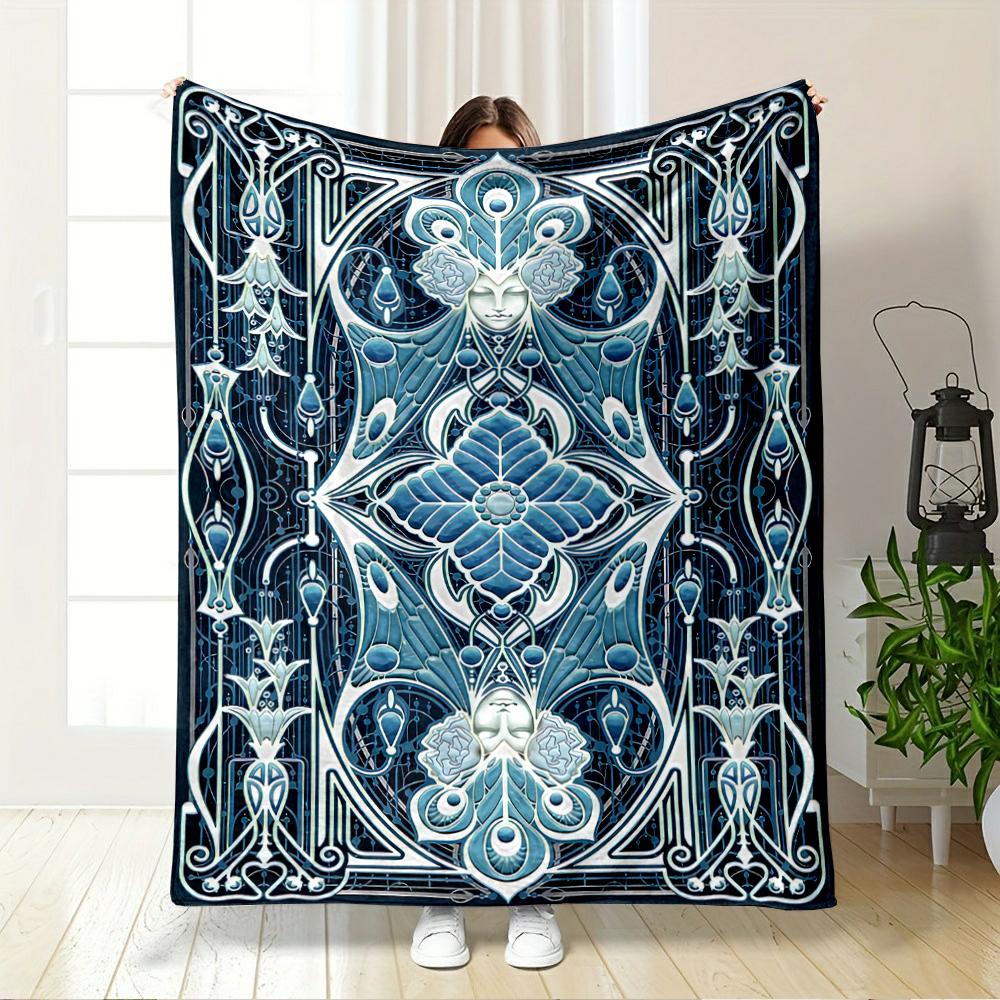 Art Deco Style Face and Floral Pattern Blanket Flannel Blanket for Bedroom, Living Room, Sofa, and Nap Sofas.