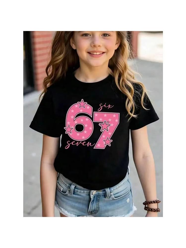 Girls Cute Star Pattern Number 67 Print Short Sleeve Tee Breathable Cotton Perfect for Birthday Daily Outfitstk0058