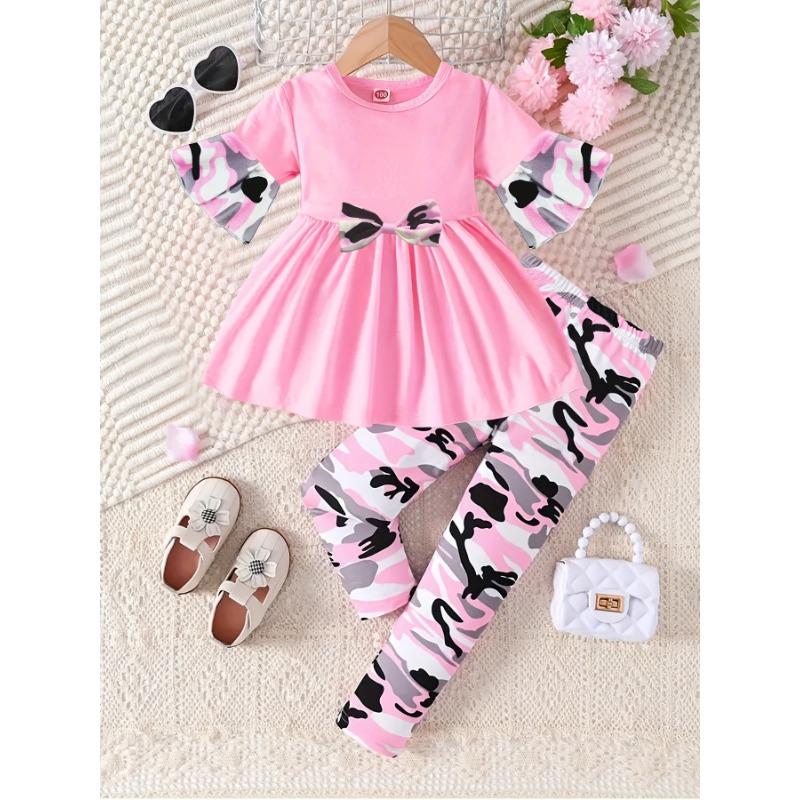 

Камуфляжный комплект для девочек, топ-пеплум с длинным рукавом и бантом спереди и брюки с камуфляжным принтом, весенне-летний наряд для улицы 4Y