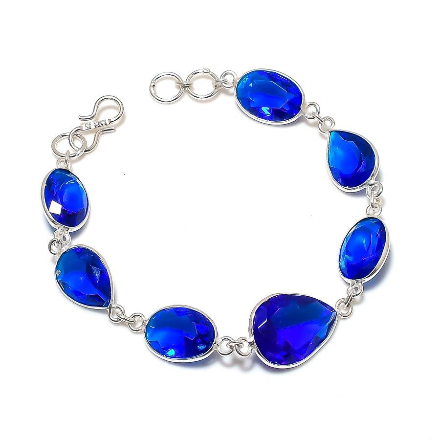 Natural Blue Topaz Gemstone Handmade 925 Sterling Silver Bracelet 7-8" ASB-3089
