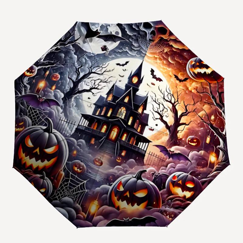 1pc Halloween Haunted Castle Auto Folding Umbrella, Sturdy And Durable Automatic Folding Umbrella with 8 Ribs, Convenient for Outdoor Use139