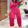 Women's Solid Color Pleated Two-Piece Set: Loose Long Sleeve Tie-Up Shirt & Long Pants