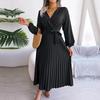 Women Cross Solid Color V Neck Hem Pleated Long Dress For Fashion