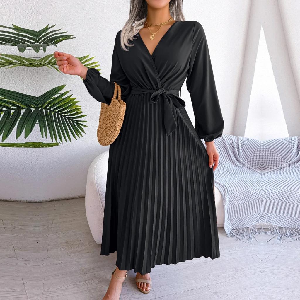 Women Cross Solid Color V Neck Hem Pleated Long Dress For Fashion