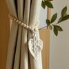 Functional Window Curtain Embellishments Braided Leaf Tieback, Boho Wooden Bead Holder, Textile Decorations Rustic Farmhouse Drapery Holdback