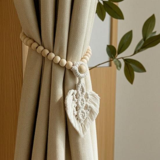 Functional Window Curtain Embellishments Braided Leaf Tieback, Boho Wooden Bead Holder, Textile Decorations Rustic Farmhouse Drapery Holdback
