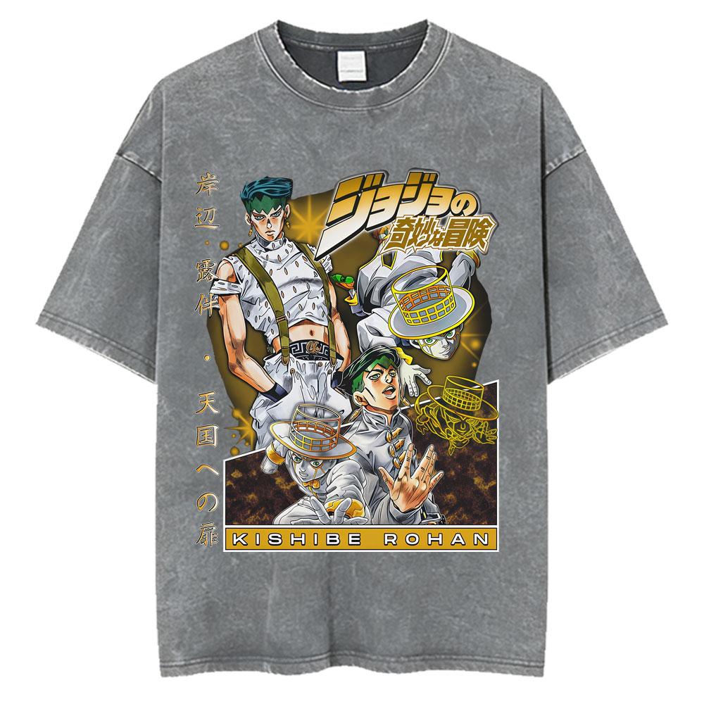 Anime Jojo Bizarre Adventure Kira Yoshikage Killer Queen Acid Washed T Shirt Mens Casual Cotton Short Sleeves Oversized Tshirts