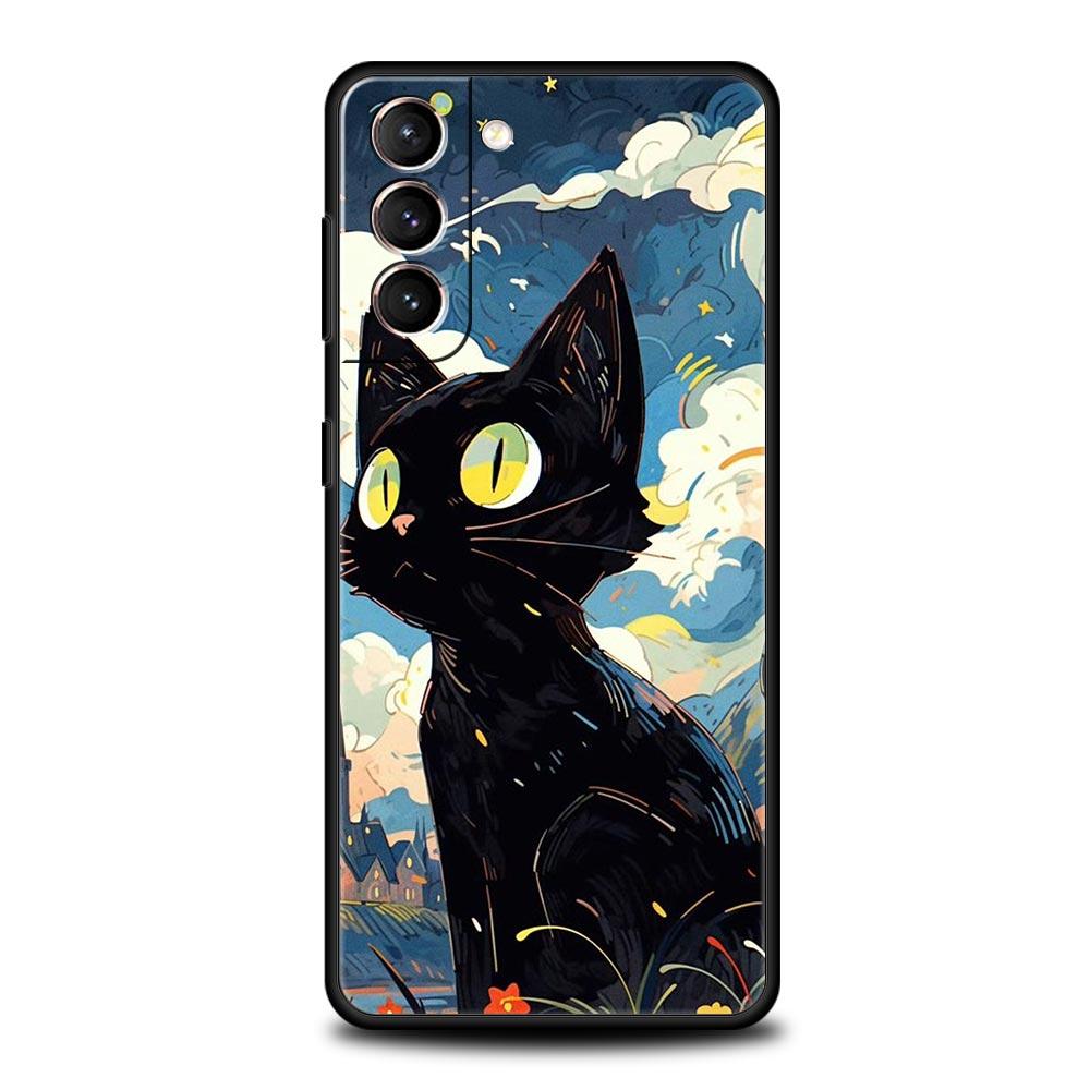 Artistic Black Cat Starry Night Phone Case For Samsung Galaxy S25 Edge S24 Plus S23 FE S22 S21 S20 Ultra 5G S10 Protect Cover