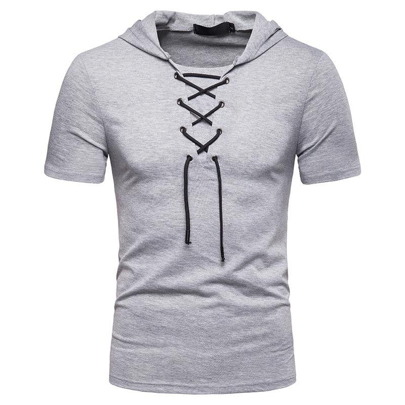 European And American Men's Hooded Loose Tie Up Hip-hop Casual Short Sleeved T-shirt