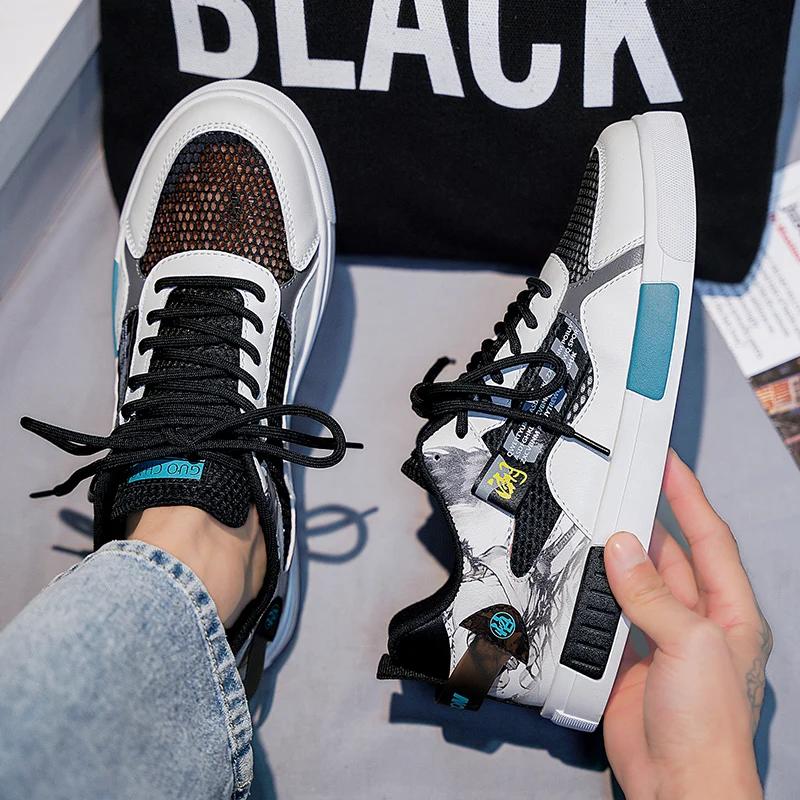 Men's casual sports shoes flying mesh surface breathable spring and summer new flat vulcanized shoes large size men's shoes