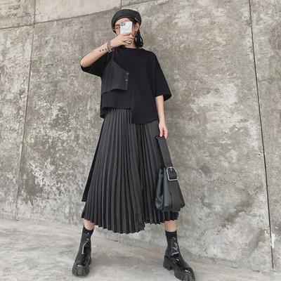 Women's Japanese Dark Style Two-Piece Set: Irregular Short Sleeve Top & Pleated Midi Skirt.